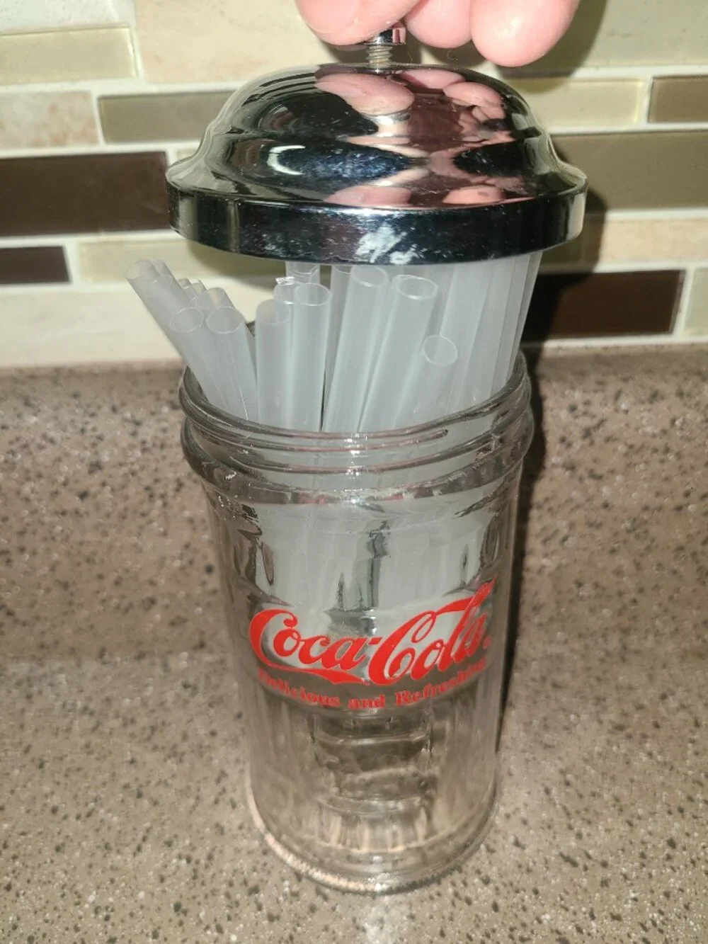 Coca-Cola Glass Straw Stir Stick Dispenser 1992 Coke Straw Holder 6.5